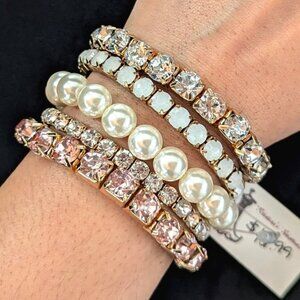 Pearl Rhinestone and Gold Crystal Bracelet Set Adjustable Stretchable Retro 90s